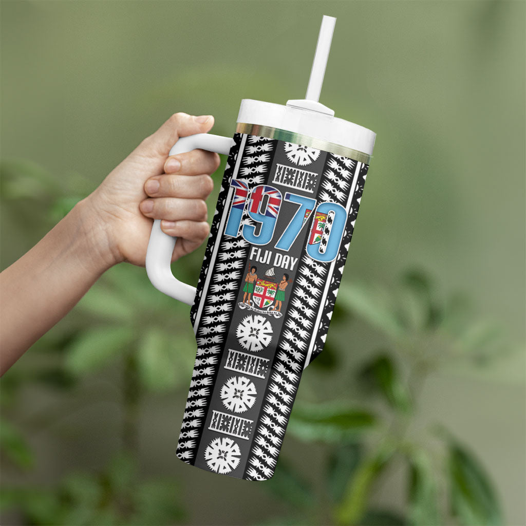 Fiji Day 1970 Tumbler With Handle For Fiji Ever Fiji Tapa Pattern White LT14 - Polynesian Pride