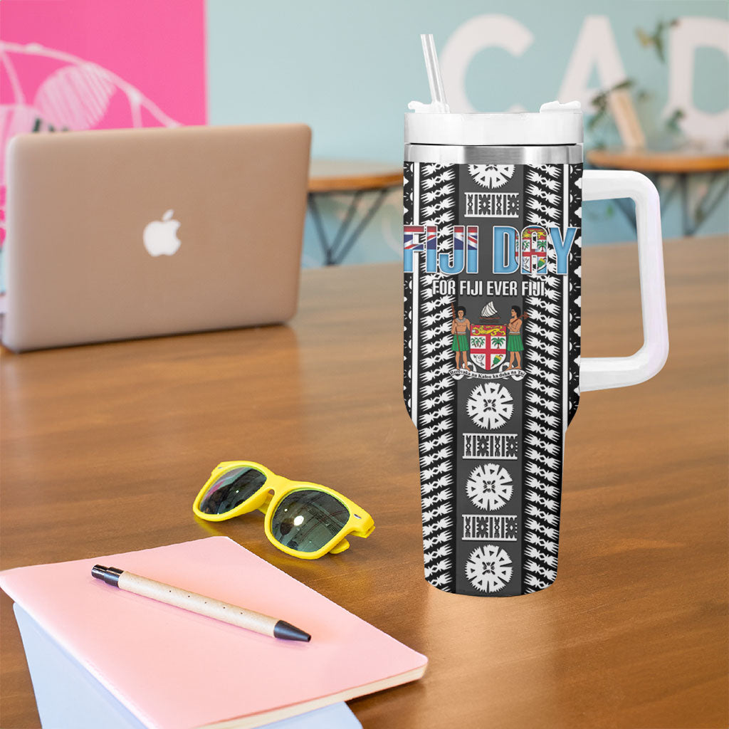 Fiji Day 1970 Tumbler With Handle For Fiji Ever Fiji Tapa Pattern White LT14 - Polynesian Pride