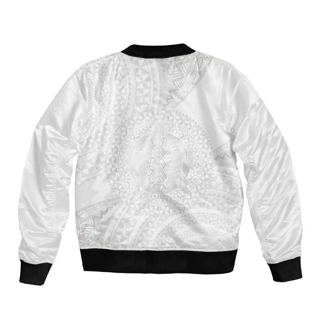 Tonga White Sunday Bomber Jacket Fakame Tongan Ngatu Turtle LT14 - Polynesian Pride