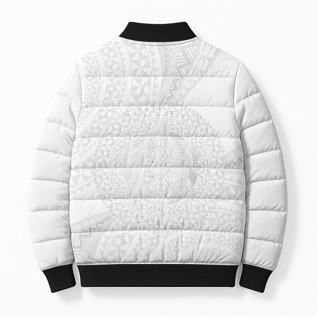 Tonga White Sunday Bomber Puffer Jacket Fakame Tongan Ngatu Turtle LT14 - Polynesian Pride