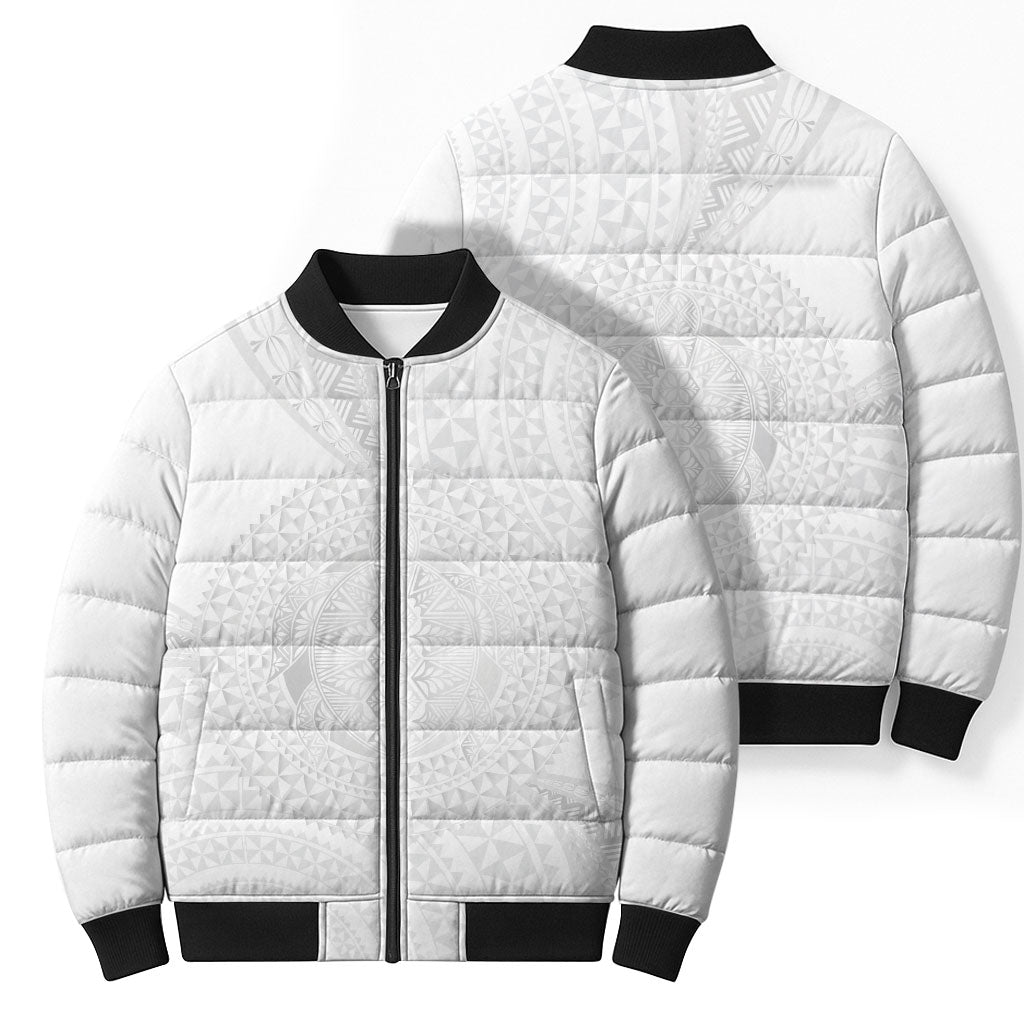 Tonga White Sunday Bomber Puffer Jacket Fakame Tongan Ngatu Turtle LT14 - Polynesian Pride