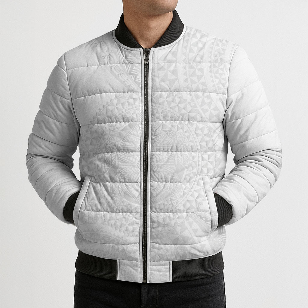 Tonga White Sunday Bomber Puffer Jacket Fakame Tongan Ngatu Turtle LT14 - Polynesian Pride