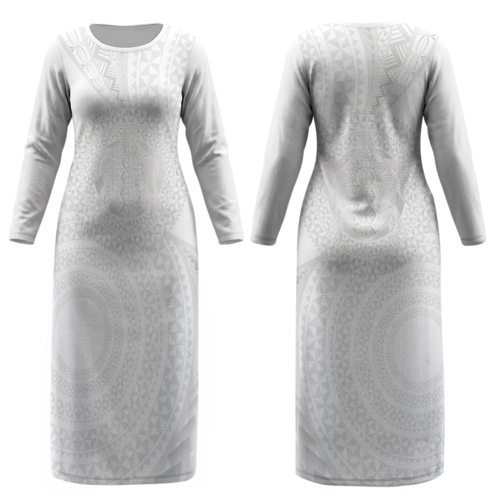 Tonga White Sunday Couples Matching Long Sleeve Bodycon Dress and Long Sleeve Button Shirt Fakame Tongan Ngatu Turtle LT14 - Polynesian Pride