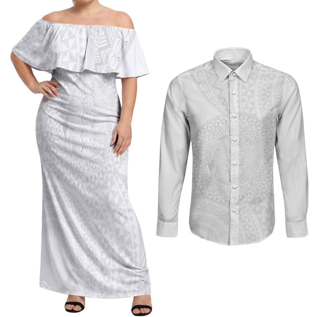 Tonga White Sunday Couples Matching Off Shoulder Maxi Dress and Long Sleeve Button Shirt Fakame Tongan Ngatu Turtle LT14 White - Polynesian Pride