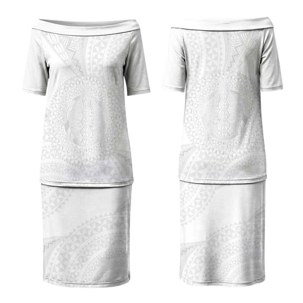 Tonga White Sunday Couples Matching Puletasi and Long Sleeve Button Shirt Fakame Tongan Ngatu Turtle LT14 - Polynesian Pride