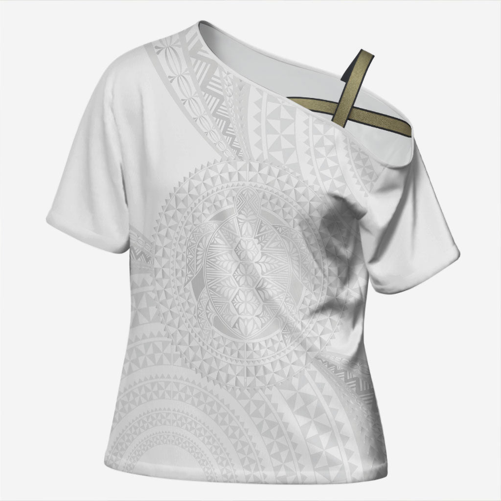 Tonga White Sunday Cross Shoulder Shirt Fakame Tongan Ngatu Turtle LT14 Female White - Polynesian Pride
