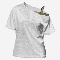 Tonga White Sunday Cross Shoulder Shirt Fakame Tongan Ngatu Turtle LT14 Female White - Polynesian Pride