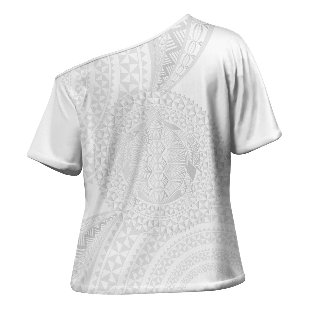 Tonga White Sunday Cross Shoulder Shirt Fakame Tongan Ngatu Turtle LT14 - Polynesian Pride