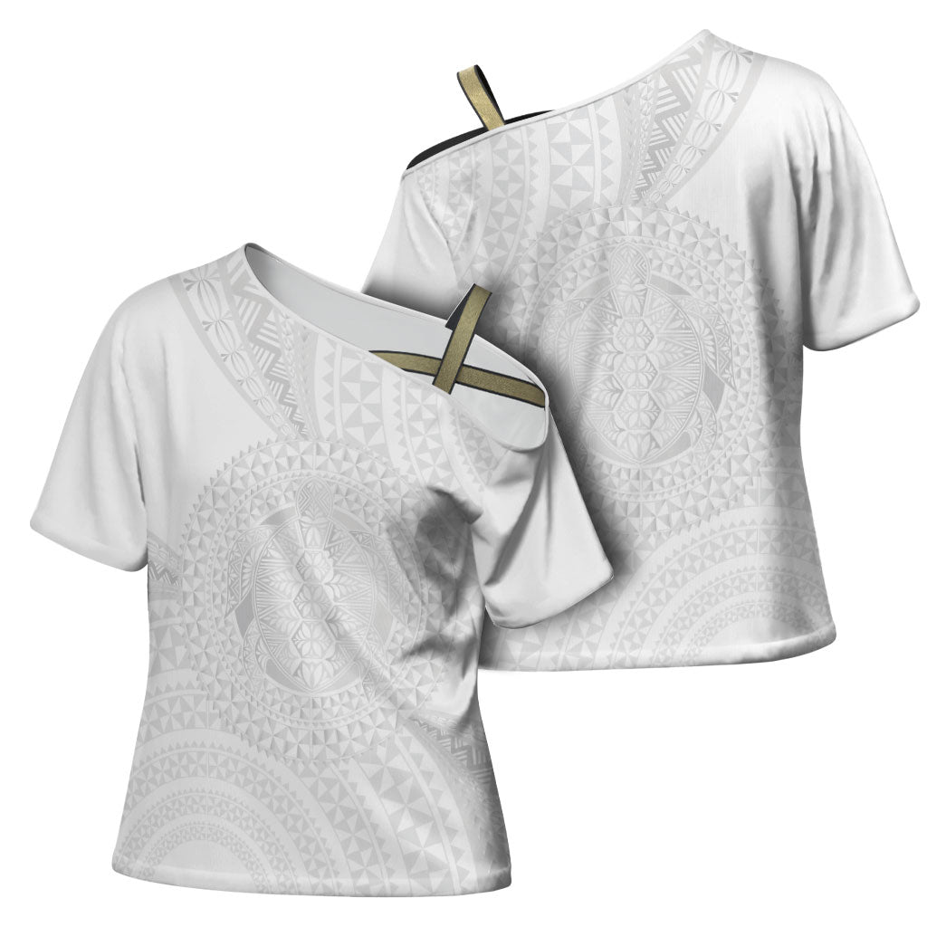 Tonga White Sunday Cross Shoulder Shirt Fakame Tongan Ngatu Turtle LT14 - Polynesian Pride