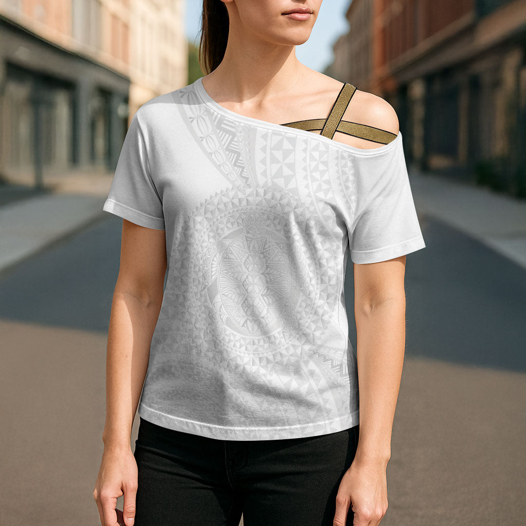 Tonga White Sunday Cross Shoulder Shirt Fakame Tongan Ngatu Turtle LT14 - Polynesian Pride