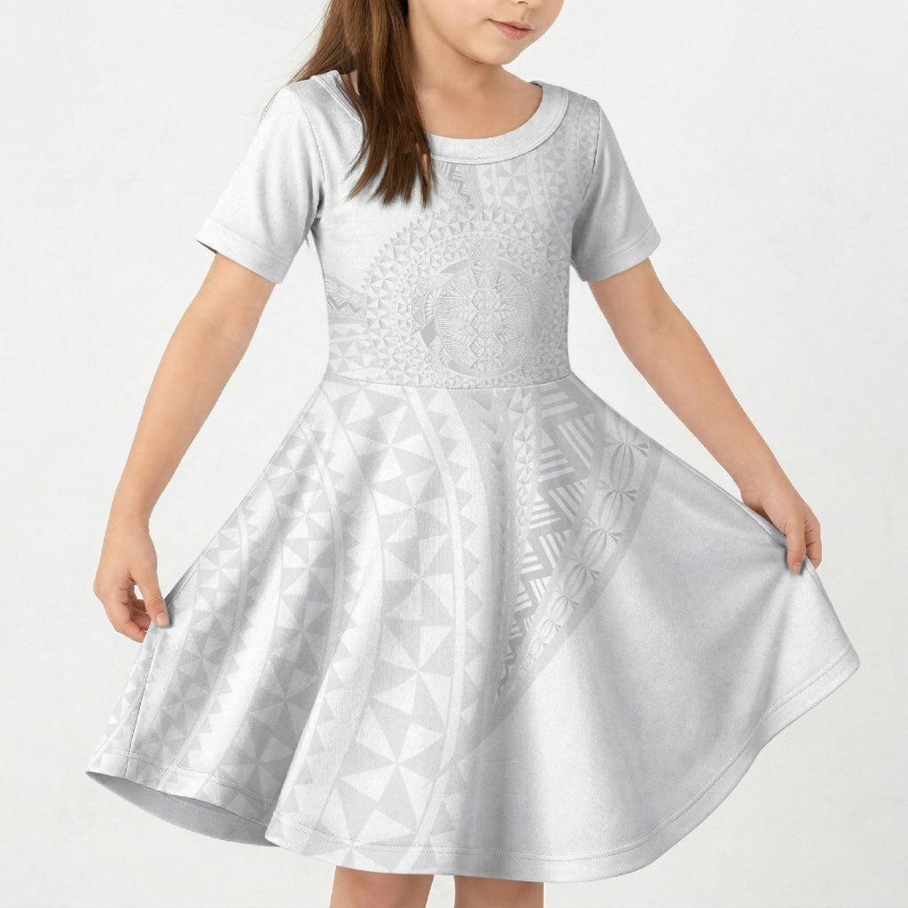 Tonga White Sunday Kid Short Sleeve Dress Fakame Tongan Ngatu Turtle LT14 KID White - Polynesian Pride