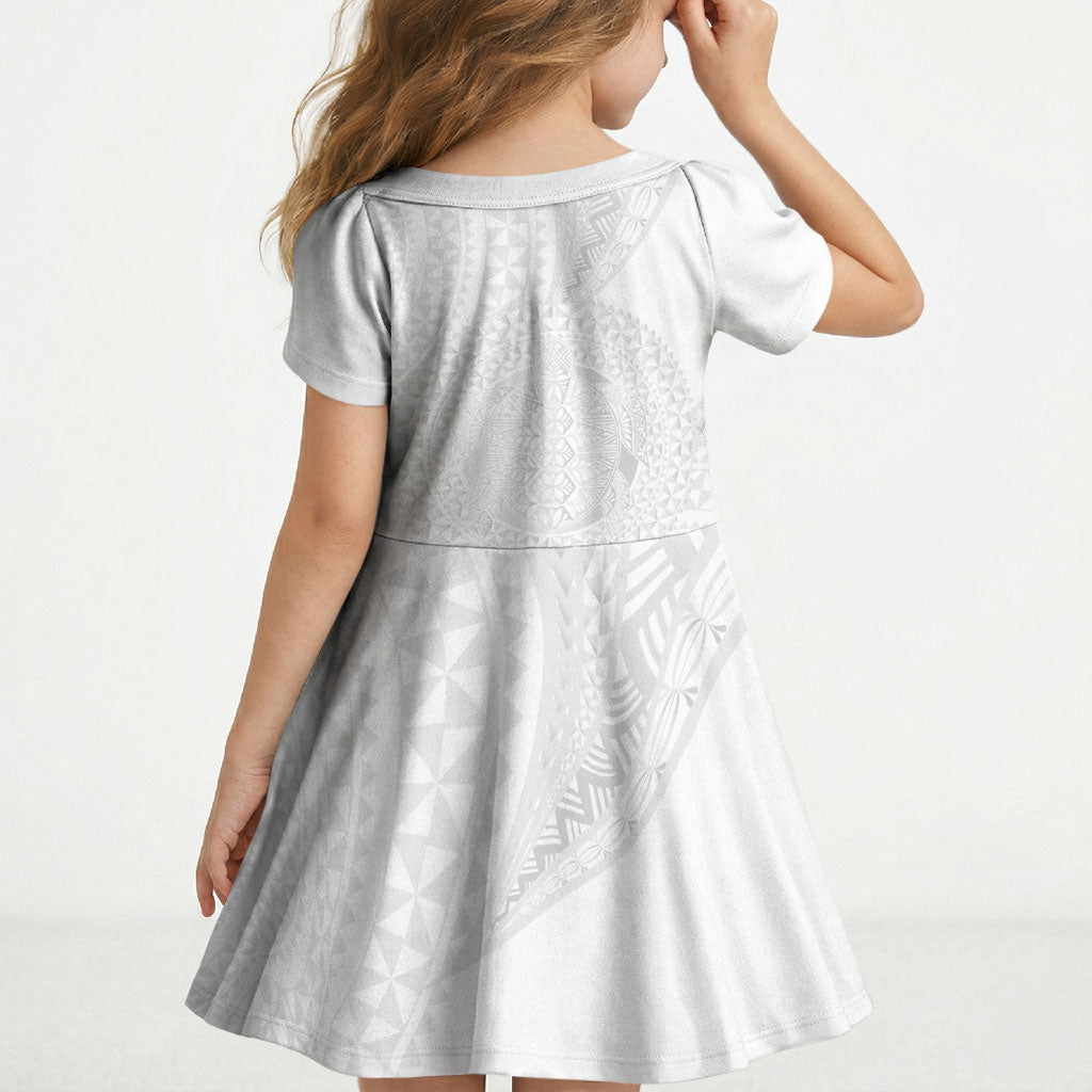 Tonga White Sunday Kid Short Sleeve Dress Fakame Tongan Ngatu Turtle LT14 - Polynesian Pride