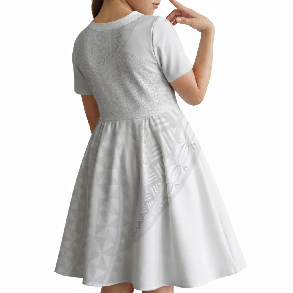 Tonga White Sunday Kid Short Sleeve Dress Fakame Tongan Ngatu Turtle LT14 - Polynesian Pride
