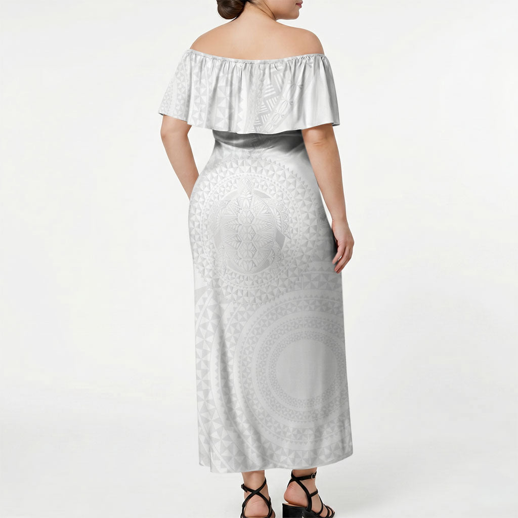 Tonga White Sunday Off Shoulder Maxi Dress Fakame Tongan Ngatu Turtle LT14 - Polynesian Pride