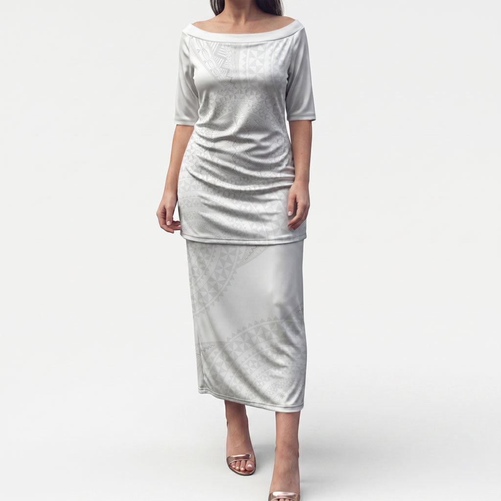 Tonga White Sunday Puletasi Fakame Tongan Ngatu Turtle LT14 Long Dress White - Polynesian Pride
