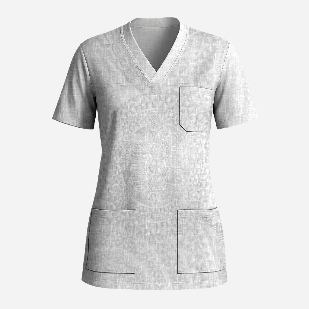 Tonga White Sunday Scrub Top Fakame Tongan Ngatu Turtle LT14 Adult White - Polynesian Pride