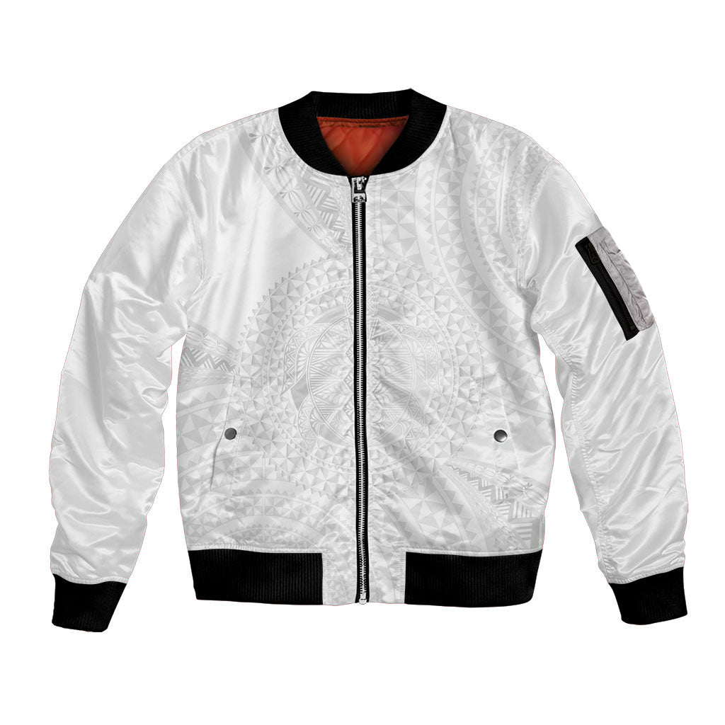 Tonga White Sunday Sleeve Zip Bomber Jacket Fakame Tongan Ngatu Turtle LT14 Unisex White - Polynesian Pride