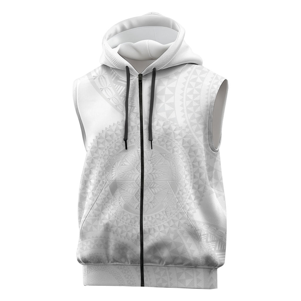 Tonga White Sunday Sleeveless Zip Hoodie Fakame Tongan Ngatu Turtle LT14 White - Polynesian Pride