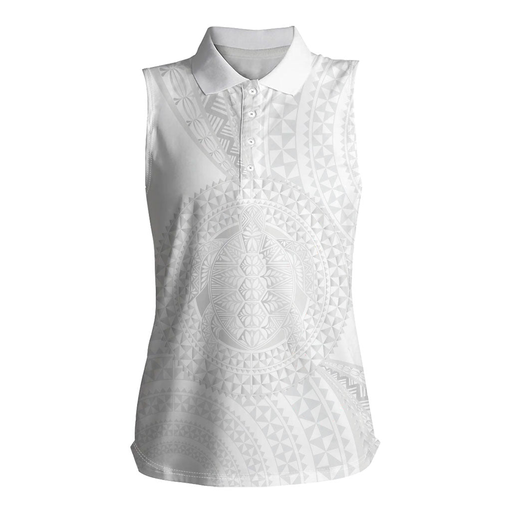Tonga White Sunday Women Sleeveless Polo Shirt Fakame Tongan Ngatu Turtle LT14 Female White - Polynesian Pride