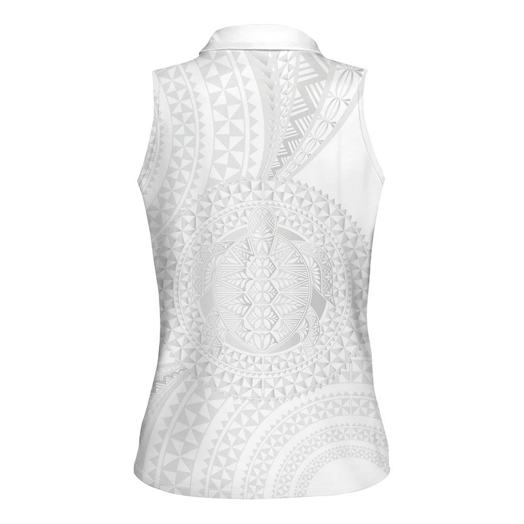 Tonga White Sunday Women Sleeveless Polo Shirt Fakame Tongan Ngatu Turtle LT14 - Polynesian Pride