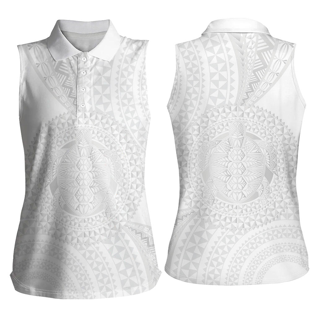 Tonga White Sunday Women Sleeveless Polo Shirt Fakame Tongan Ngatu Turtle LT14 - Polynesian Pride