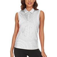 Tonga White Sunday Women Sleeveless Polo Shirt Fakame Tongan Ngatu Turtle LT14 - Polynesian Pride