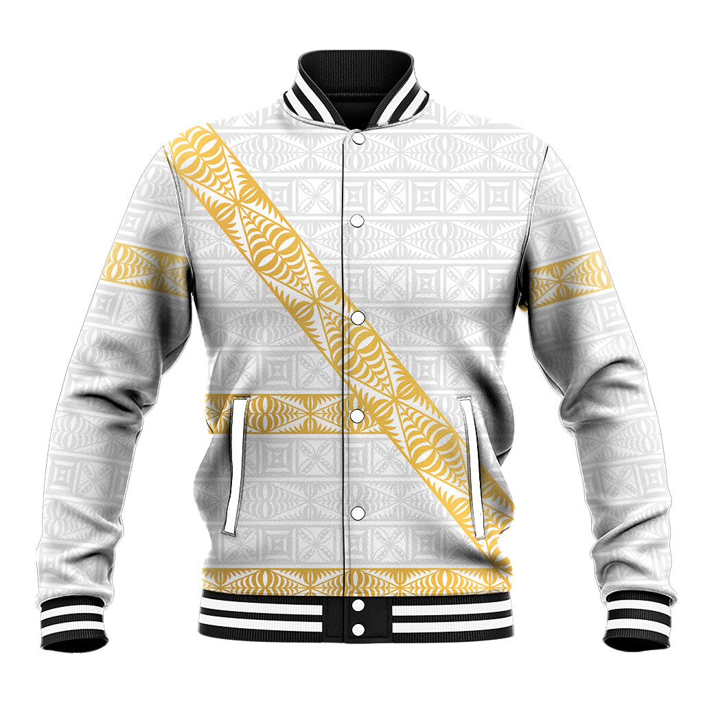 Tonga White Sunday Baseball Jacket Fakame Tongan Ngatu Pattern Gold Strips LT14 Unisex White - Polynesian Pride