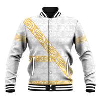 Tonga White Sunday Baseball Jacket Fakame Tongan Ngatu Pattern Gold Strips LT14 Unisex White - Polynesian Pride