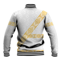 Tonga White Sunday Baseball Jacket Fakame Tongan Ngatu Pattern Gold Strips LT14 - Polynesian Pride