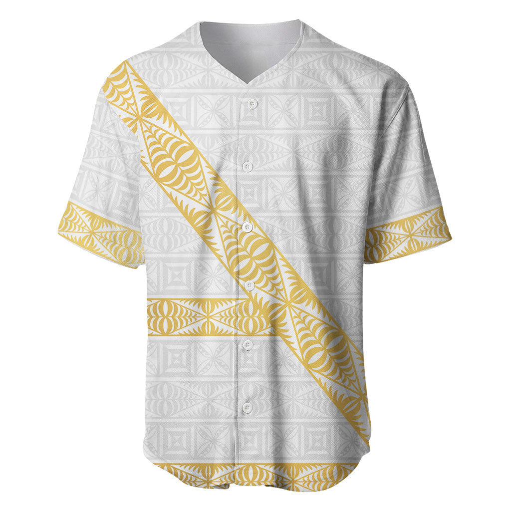 Tonga White Sunday Baseball Jersey Fakame Tongan Ngatu Pattern Gold Strips LT14 White - Polynesian Pride