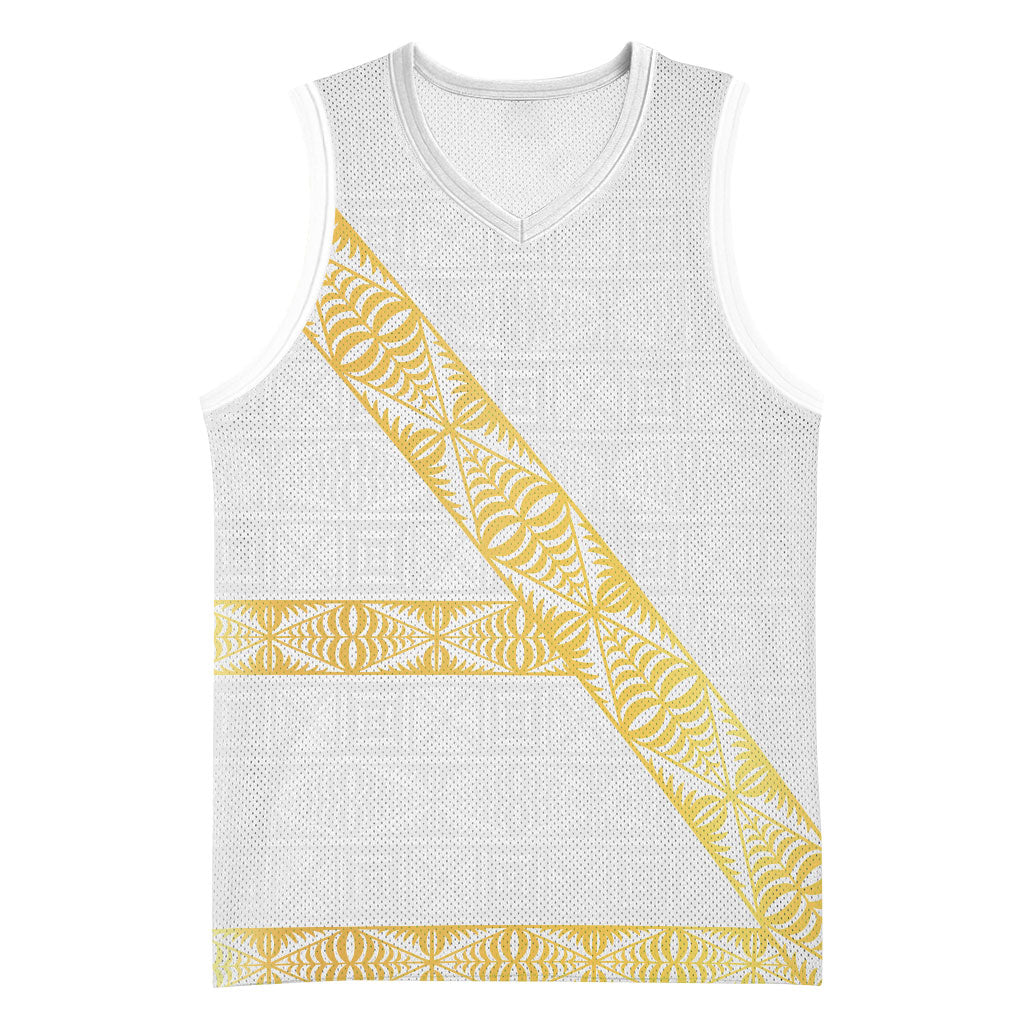 Tonga White Sunday Basketball Jersey Fakame Tongan Ngatu Pattern Gold Strips LT14 Unisex White - Polynesian Pride