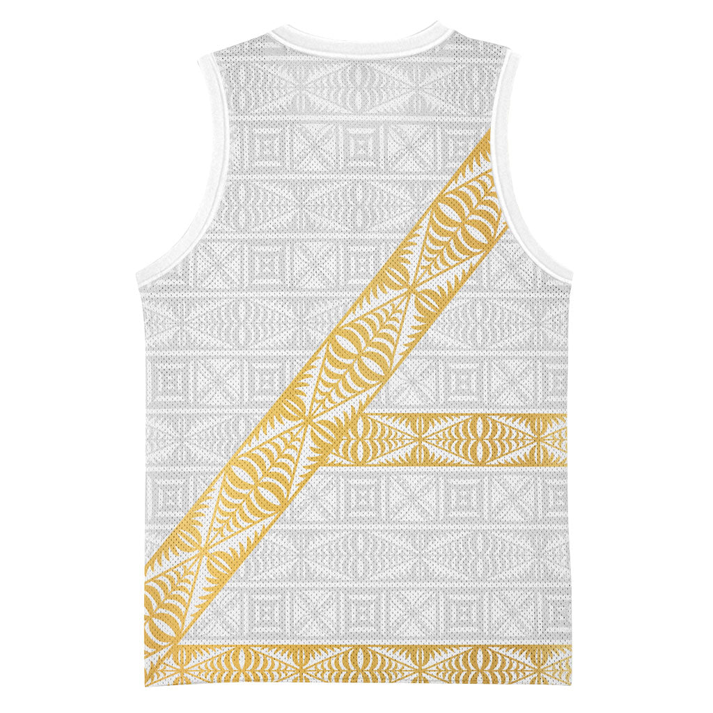 Tonga White Sunday Basketball Jersey Fakame Tongan Ngatu Pattern Gold Strips LT14 - Polynesian Pride