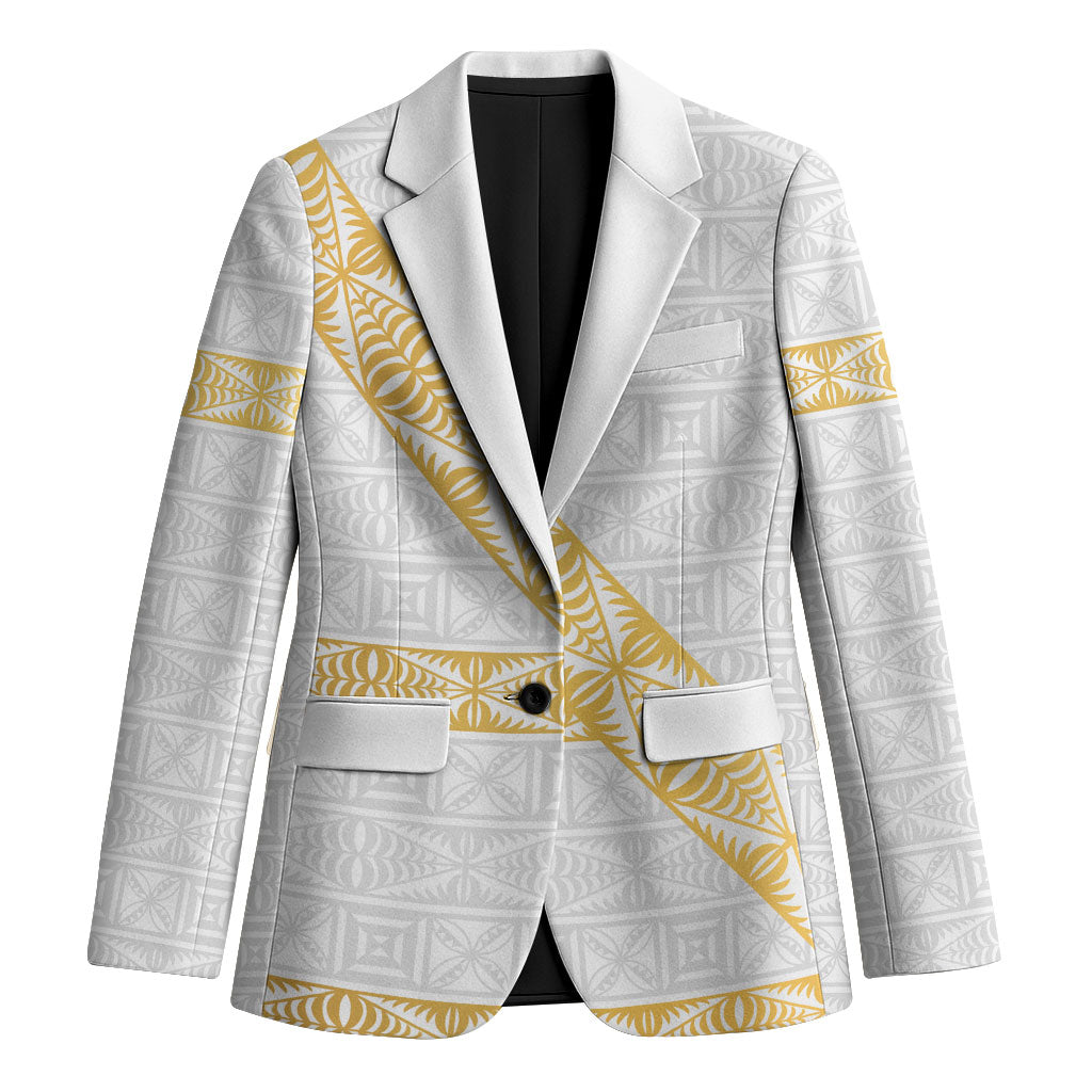 Tonga White Sunday Blazer Fakame Tongan Ngatu Pattern Gold Strips LT14 Unisex White - Polynesian Pride