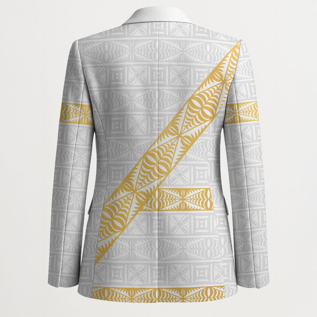 Tonga White Sunday Blazer Fakame Tongan Ngatu Pattern Gold Strips LT14 - Polynesian Pride