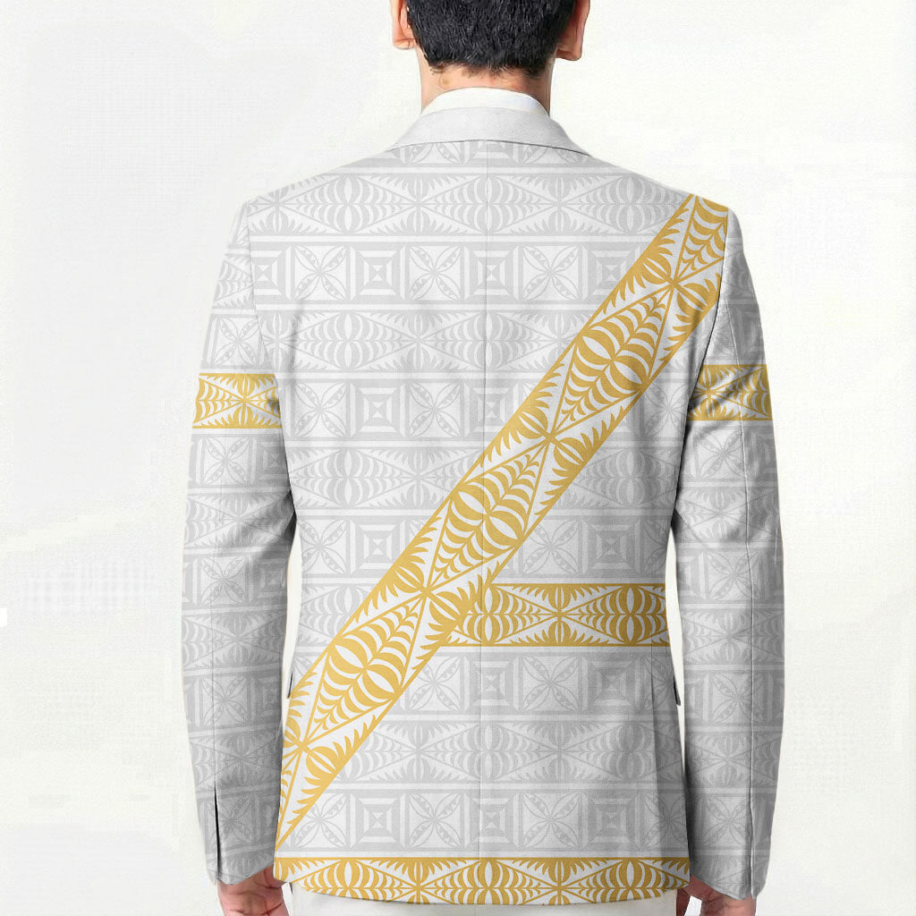 Tonga White Sunday Blazer Fakame Tongan Ngatu Pattern Gold Strips LT14 - Polynesian Pride