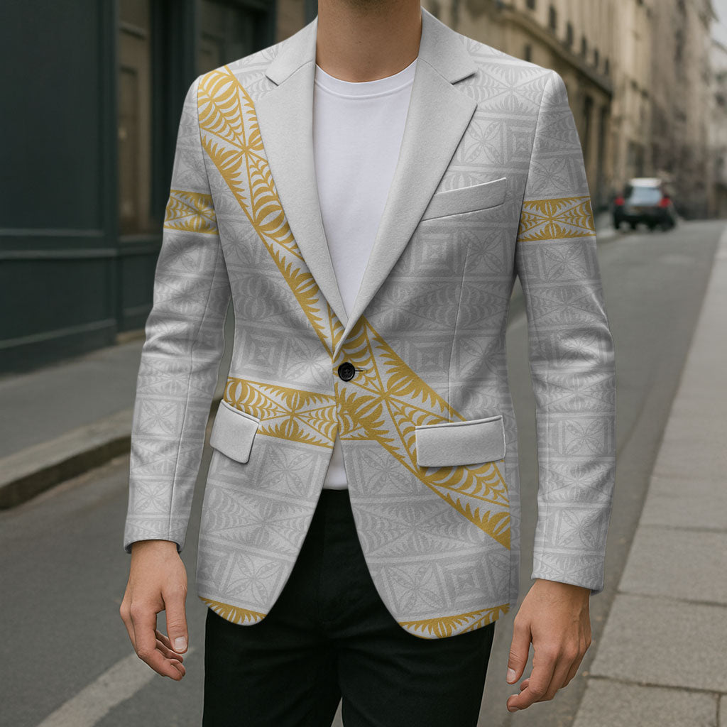 Tonga White Sunday Blazer Fakame Tongan Ngatu Pattern Gold Strips LT14 - Polynesian Pride