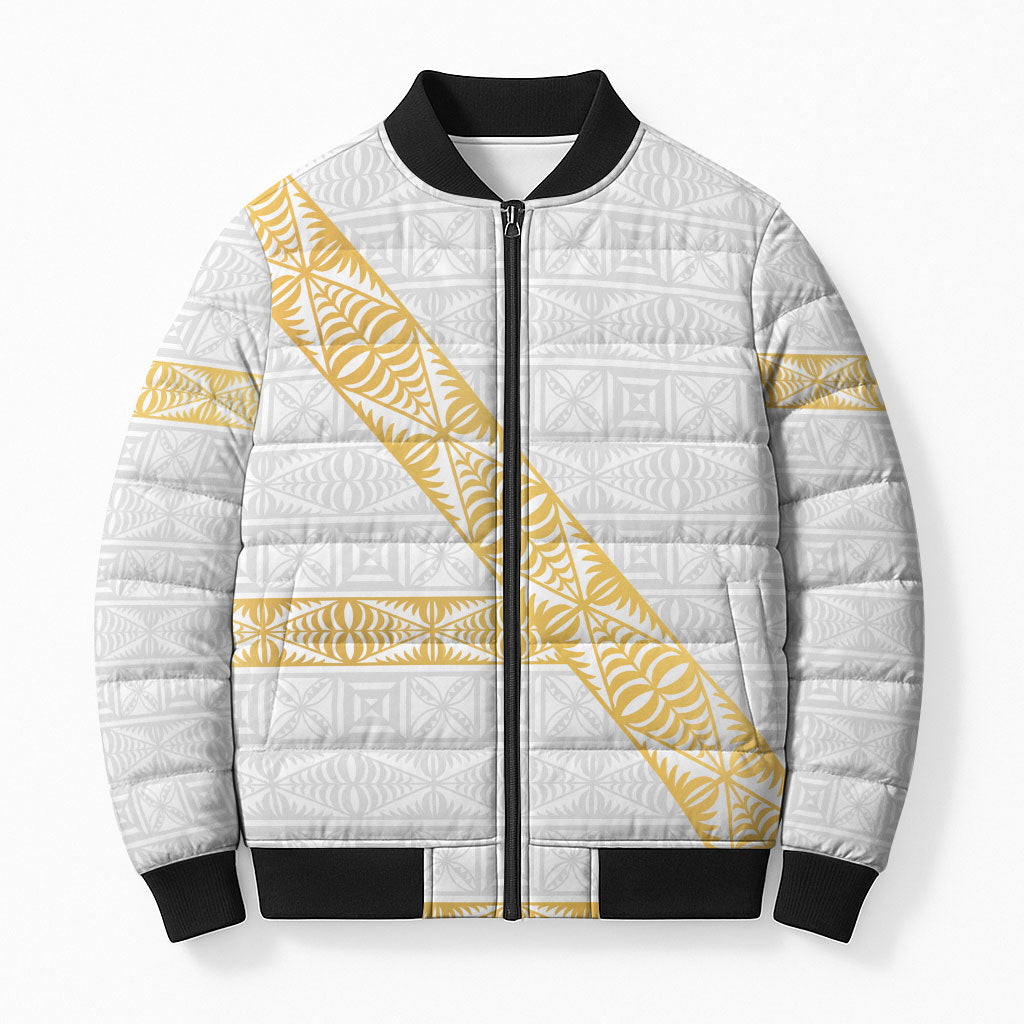 Tonga White Sunday Bomber Puffer Jacket Fakame Tongan Ngatu Pattern Gold Strips LT14 Unisex White - Polynesian Pride