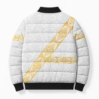 Tonga White Sunday Bomber Puffer Jacket Fakame Tongan Ngatu Pattern Gold Strips LT14 - Polynesian Pride