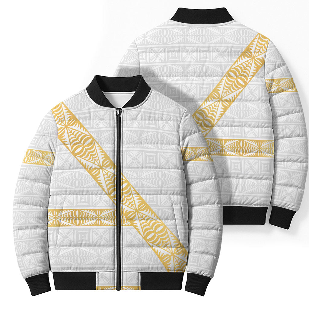 Tonga White Sunday Bomber Puffer Jacket Fakame Tongan Ngatu Pattern Gold Strips LT14 - Polynesian Pride