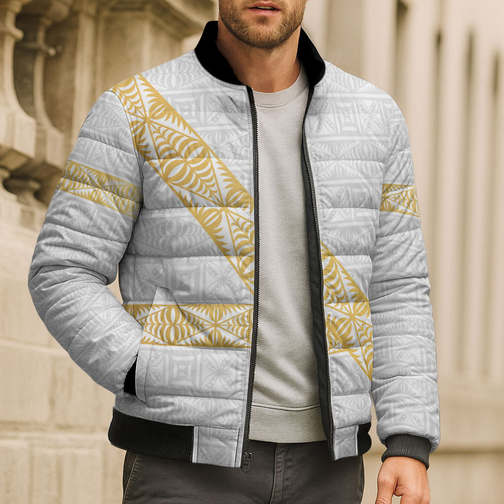 Tonga White Sunday Bomber Puffer Jacket Fakame Tongan Ngatu Pattern Gold Strips LT14 - Polynesian Pride