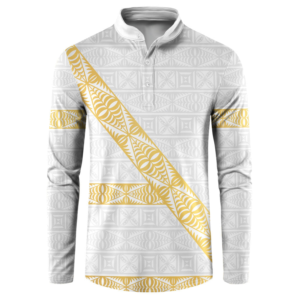 Tonga White Sunday Button Sweatshirt Fakame Tongan Ngatu Pattern Gold Strips LT14 White - Polynesian Pride