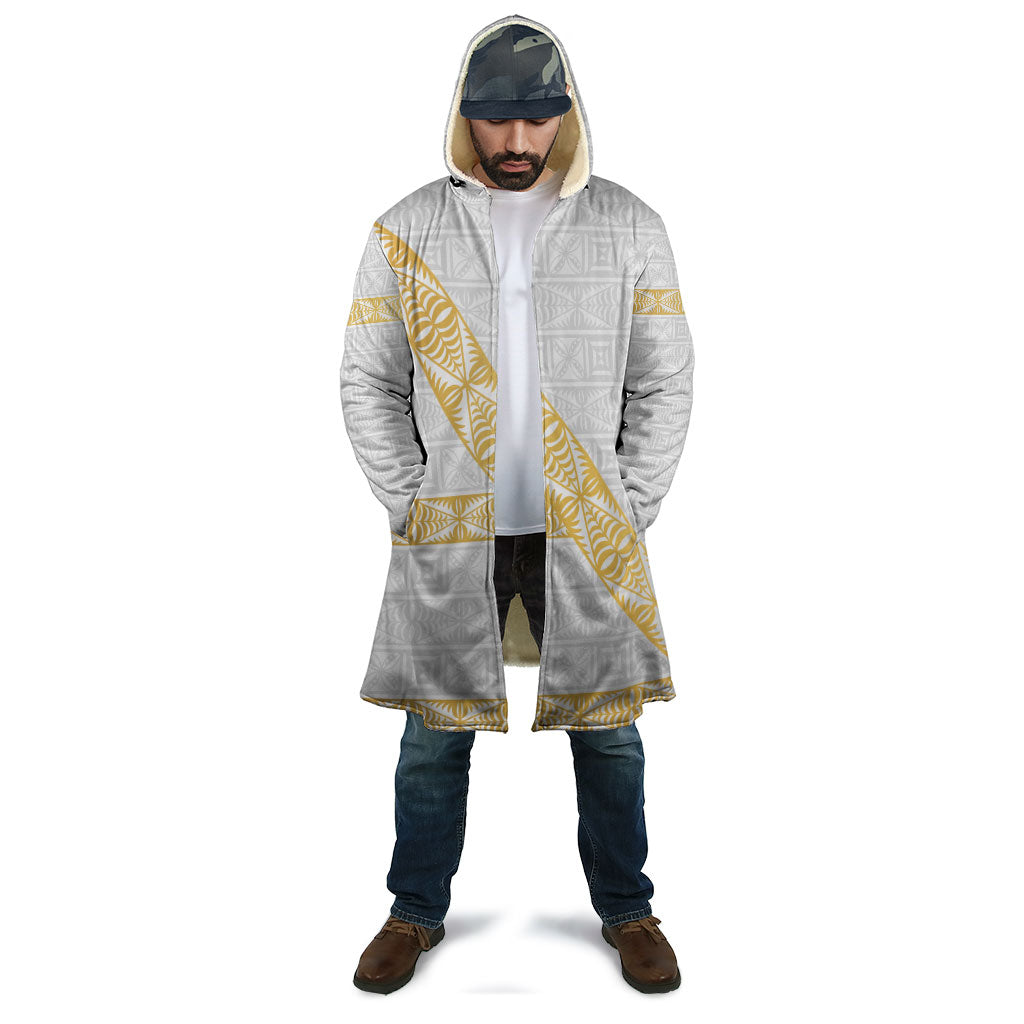Tonga White Sunday Cloak Fakame Tongan Ngatu Pattern Gold Strips LT14 - Polynesian Pride