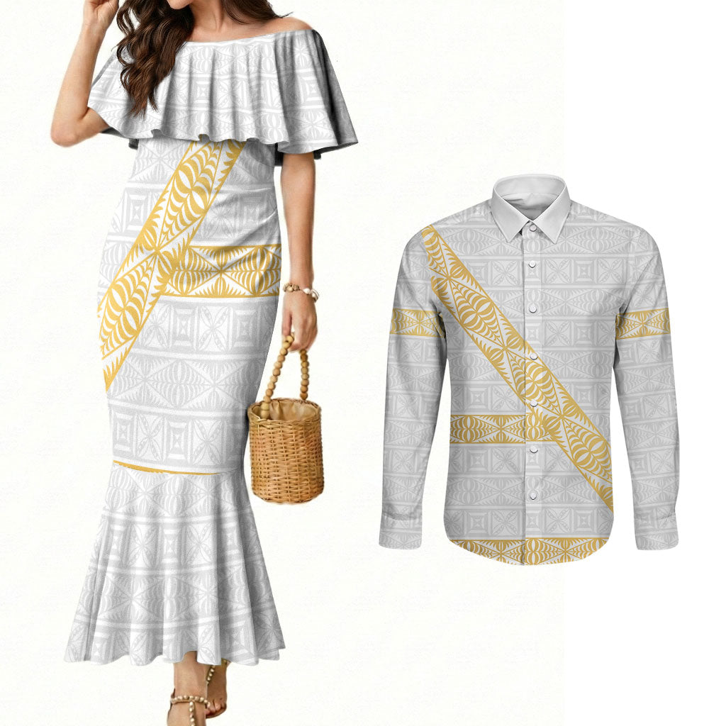 Tonga White Sunday Couples Matching Mermaid Dress and Long Sleeve Button Shirt Fakame Tongan Ngatu Pattern Gold Strips LT14 White - Polynesian Pride