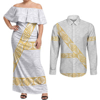 Tonga White Sunday Couples Matching Off Shoulder Maxi Dress and Long Sleeve Button Shirt Fakame Tongan Ngatu Pattern Gold Strips LT14 White - Polynesian Pride
