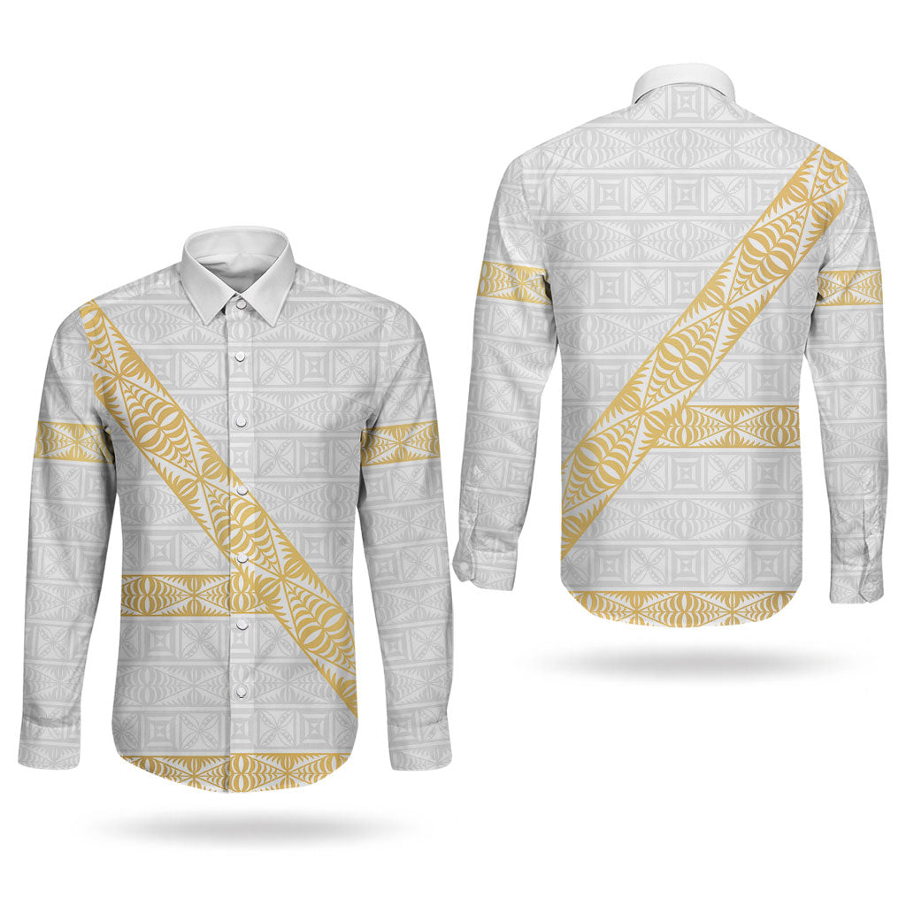 Tonga White Sunday Couples Matching Off Shoulder Maxi Dress and Long Sleeve Button Shirt Fakame Tongan Ngatu Pattern Gold Strips LT14 - Polynesian Pride
