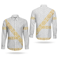 Tonga White Sunday Couples Matching Off Shoulder Maxi Dress and Long Sleeve Button Shirt Fakame Tongan Ngatu Pattern Gold Strips LT14 - Polynesian Pride