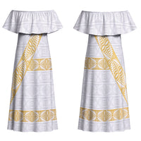 Tonga White Sunday Couples Matching Off Shoulder Maxi Dress and Long Sleeve Button Shirt Fakame Tongan Ngatu Pattern Gold Strips LT14 - Polynesian Pride