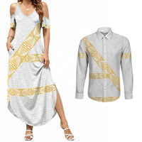 Tonga White Sunday Couples Matching Summer Maxi Dress and Long Sleeve Button Shirt Fakame Tongan Ngatu Pattern Gold Strips LT14 White - Polynesian Pride