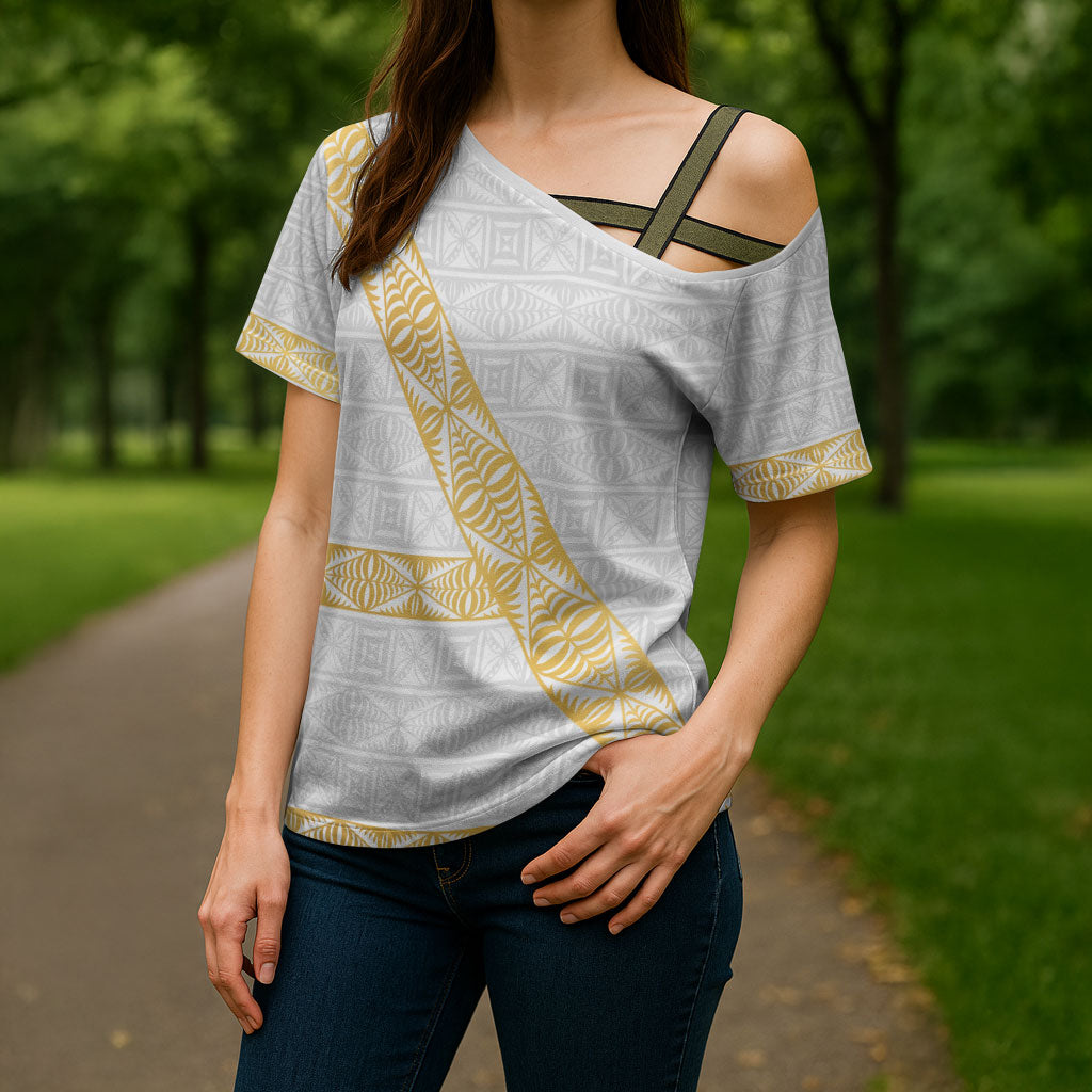 Tonga White Sunday Cross Shoulder Shirt Fakame Tongan Ngatu Pattern Gold Strips LT14 - Polynesian Pride