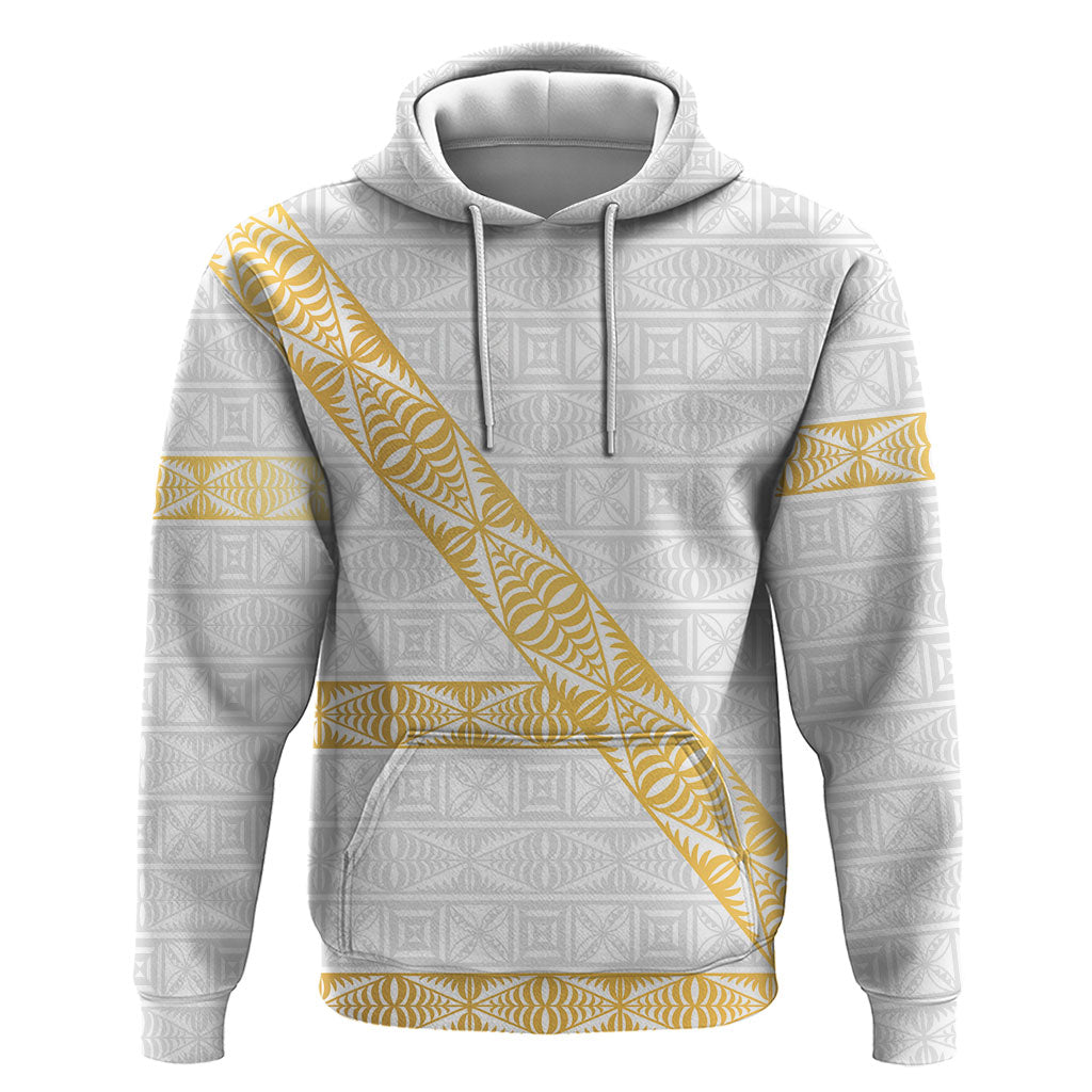 Tonga White Sunday Hoodie Fakame Tongan Ngatu Pattern Gold Strips LT14 Pullover Hoodie White - Polynesian Pride